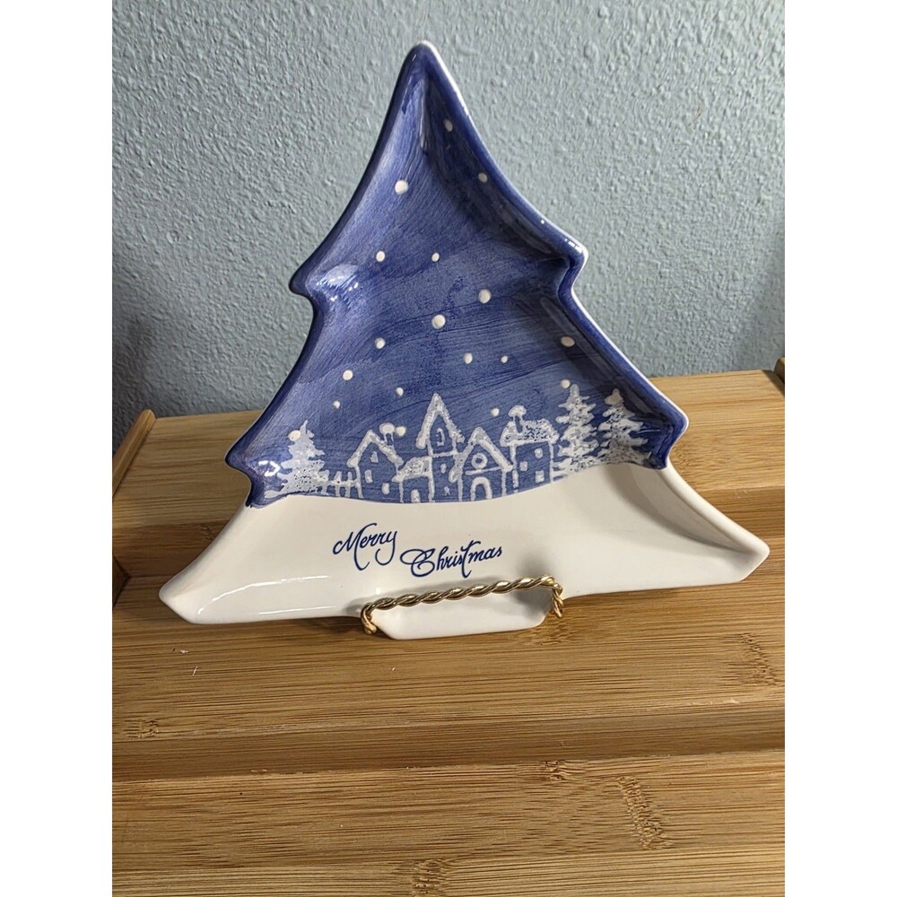 Ceramiche Fabbro Merry Christmas Tree Shaped Dish Blue & White Snow Scene Italy
